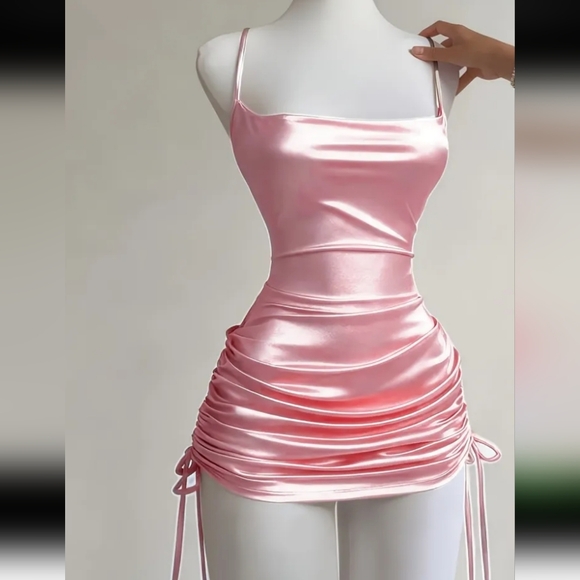 Pink Satin Drawstring Ruched Criss-cross Back Adjustable Length Mini Dress (M) - Picture 4 of 13